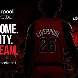 Promotional poster for Liverpool Basketball featuring the back view of a basketball player wearing a red Liverpool jersey with the number 26, holding a basketball in front of the illuminated M&S Bank Arena at night. The design uses a black and red colour scheme with the Liverpool Basketball logo and the slogan: “OUR HOME. OUR CITY. OUR TEAM.” A website address, www.liverpool.basketball, appears at the bottom left.