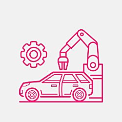 A pink outline of a car with hydraulic arm to the right of the image. There is also a pink outlined wheel on the left of the image.