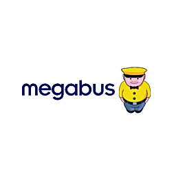 Megabus logo with a plump cartoon figure wearing a yellow jacket and flat cap.