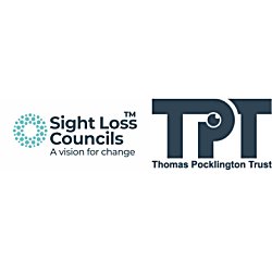 A Sight Loss Councils logo with navy blue text, underneath the text says 'A vision for change' in the same navy colour. There is a circle to the left of the text which is a light blue / green colour made up of small dots. There is a Thomas Pocklington Trust logo to the right of the image too in navy text with a capital TPT above lower case text which says 'Thomas Pocklington Trust'.
