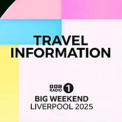 A pink, blue and yellow graphic that says 'Travel Information' Big Weekend Liverpool 2025.