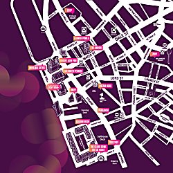 An illustration of a map of Liverpool's Waterfront in pink and purple colours