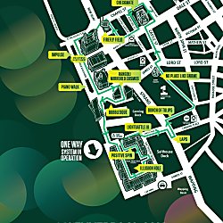 A route map for River of Light with a one way system in place. The map is green with hints of purple and yellow in it.
