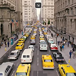 Elevated view down a wide city street lined with tall stone buildings, showing heavy traffic of yellow taxis and other vehicles, with pedestrians walking along both pavements and skyscrapers visible in the distance.