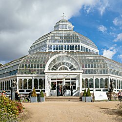 A large glass house in the middle of a park.
