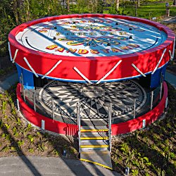 A band stand at Strawberry Field in the shape of a large drum.