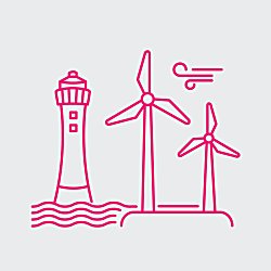 A lighthouse and two wind turbines in a pink outline.