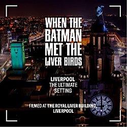Image with text that says 'WHEN THE BATMAN MET THE LIVER BIRDS'.