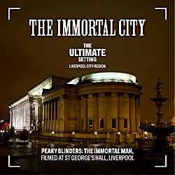 An image of St George's Hall in the night time with text over the image that says 'The immortal City'
