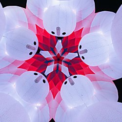 A photo of an art installation taken from the floor looking up. It is of five giant inflatable characters all leaning into each other.