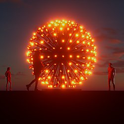 An artist impression of a light installation that is a round ball made of orange lights.