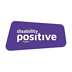 The disability positive logo which features a purple rectangle shape, white text which says 'disability positive' and a green semi-circle below the O on positive.