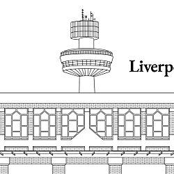 A line drawing of a building in Liverpool with a tower at the top of it. There is a Beatles logo on the left and 'Liverpool 2028' in black text.