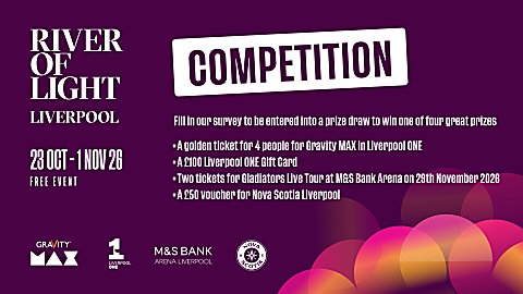 A graphic with text that says 'River of Light Liverpool', 'Competition' in white writing on a purple background.