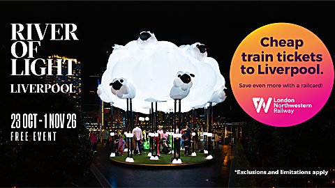 A black background with an installation of a sheep and text that says 'River of Light Liverpool 23 October - 1 November 2026' in white text. There is an orange box that says cheap train tickets to Liverpool with London Northwestern Railway.