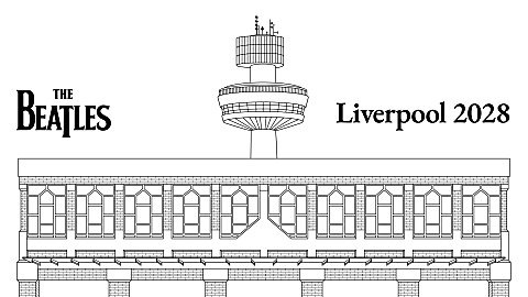 A line drawing of a building with The Beatles logo and Liverpool 2028 in black text.