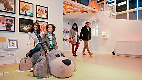 A girl and a boy sit smiling on a large, soft, dog-shaped seat in a brightly lit, family-friendly exhibition space. Behind them, photos of animals hang on the wall. In the background, two adults walk through the room, observing the displays.