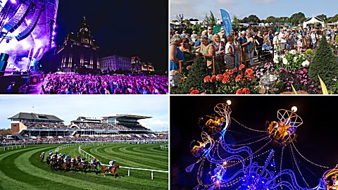 Four images in a grid which feature a music festival on Liverpool's Pier head with a large crowd of people at night, a group of people at Southport Flower Show looking at a display of flowers, Aintree Racecourse with a group of horses running on the course and a large light installation of a chandelier.