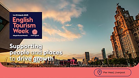 Sunset on Liverpool Waterfront with a logo that says English Tourism Week and 'Supporting people and places to drive growth'