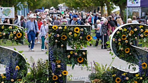Letters in the shapes S F S which have flowers on them.