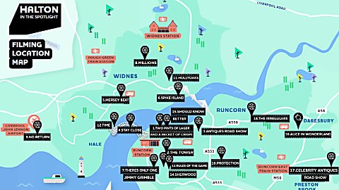 A graphic map of Halton plotting points of filming locations