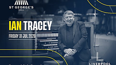 Promotional graphic for an Ian Tracey organ recital at St George’s Hall. The design features a monochrome blue-toned photograph of a performer seated beside a large pipe organ console, with rows of keyboards and organ stops visible. Bold white and yellow text reads “Ian Tracey” and “Friday 31 Jul 2026.” The St George’s Hall logo appears in the top left, the website liverpoolcityhalls.co.uk is displayed in the lower left, and the Liverpool City Halls logo is positioned in the lower right corner. Decorative yellow curved lines frame the image against a dark blue background.

Provide your feedback on BizChat