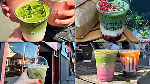4 photos of iced matcha from different coffe shops in Liverpool (tsujiri, Cornhill, Bean there, 92 degrees)