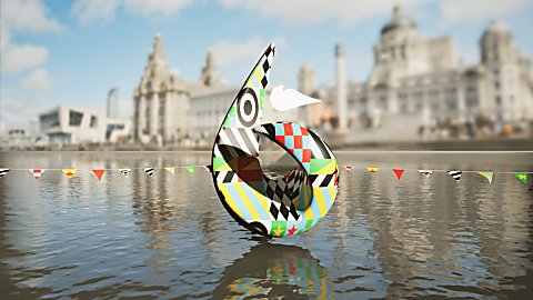 The shape of a number 6 with dazzle ferry branding on and Liverpool Pier Head in the background