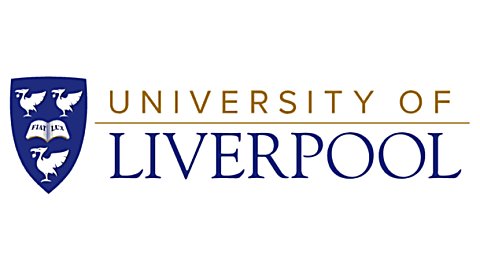 The University of Liverpool logo, University of is in gold text with Liverpool in blue. There is a blue crest to the left of the text with three birds on the crest and a book.