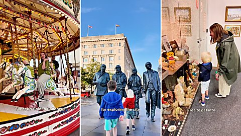 Three photos in a row, one of someone on a carousel, one of two children walking towards a statue of The Beatles, one of an adult and a child looking at an exhibition.