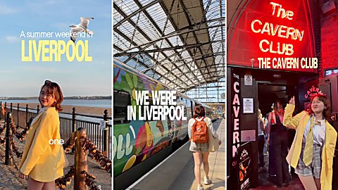 Three photos in a grid next to each other, one is of a person wearing a yellow jacket in front of a river. The other is of a person walking next to a train at a platform and another is of a person wearing the same yellow jacket pointing at a sign that is glowing red saying, The Cavern Club.