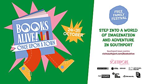 A poster for the Books Alive event in Southport which features an illustration of a book with legs.