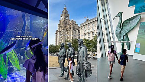 Three photos of children at different attractions in Liverpool including at an aquarium, The Beatles Statue and at the Museum of Liverpool.