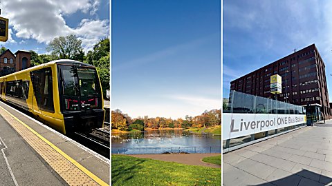 Three photos in a grid which includes a Merseyrail train, a photo of Sefton Park and a bus stop at Liverpool ONE.