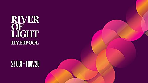 A graphic for River of Light which is on a dark purple background with pink and orange circles in a pattern across the background. It says River of Light Liverpool 23 October - 1 November 2026.