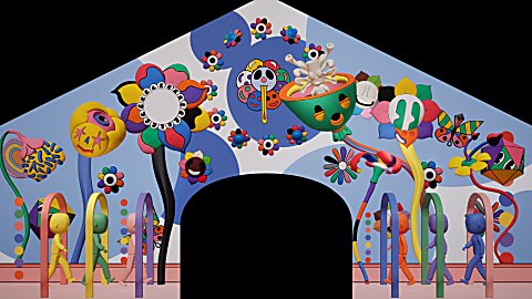 A CGI mock up of a colourful illustration with different characters.