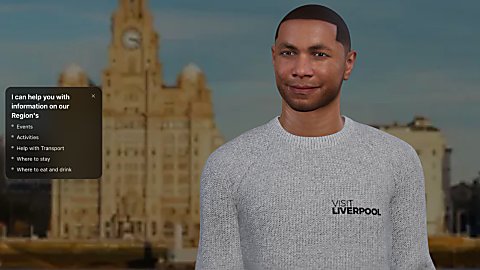 An AI Avatar of a person wearing a grey jumper that has 'VisitLiverpool' logo on it.
