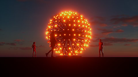 An artist impression of a light installation that is a round ball made of orange lights.