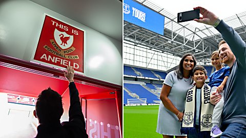 Two photos, one of someone touching a This is Anfield Sign and one of a family taking a selfie at the Hill Dickinson Stadium.