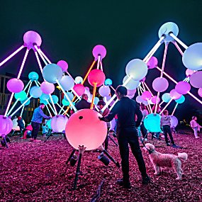 A spider like structure made up of spheres that resemble the structure of DNA. They are lit in soft neon colours. A male with a dog is touching the artwork.