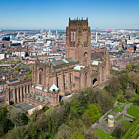 drone shot of Liverpool Cathedral and city centre
