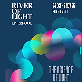 A navy image with colourful dots varying in colour from blue, pink and green. There is white text saying 'River of Light Liverpool' and '24 Oct - 2 Nov 25 FREE EVENT'.