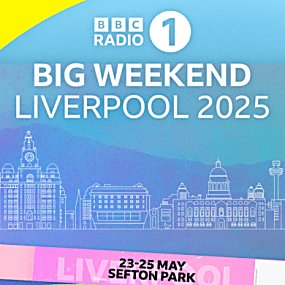 An image saying 'Radio 1 Big Weekend Liverpool 2025' with a white outlined image of Liverpool Three Graces.