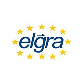 The logo of European Low Gravity Research Association which has blue writing and yellow stars around the writing.