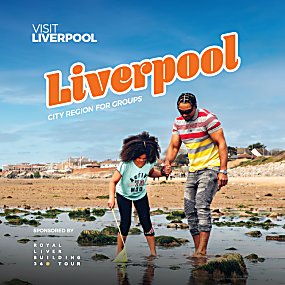An image of a man and child on a beach looking in the water - there is also text on the top of the image that says ''VisitLiverpool Liverpool City Region For Groups''.