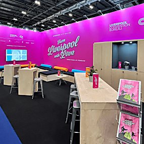 A Liverpool Convention Bureau pink stand at The Meetings Show