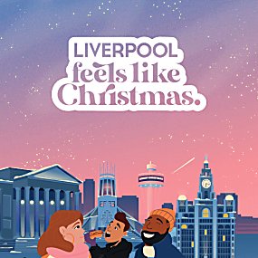 4 cartoon illustrations of people enjoying festive cheer in Liverpool with iconic landmarks behind them