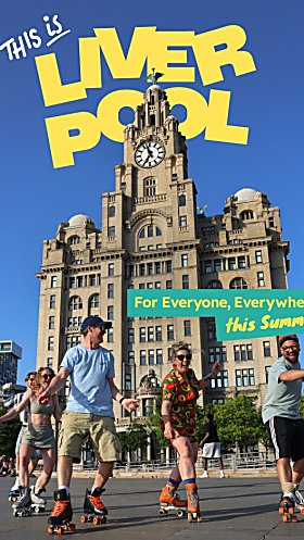 Four people roller skating in front of a large building in Liverpool called the Royal Liver Building. The text says This is Liverpool in yellow writing.