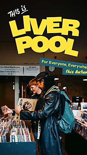 Two people looking through records in a record shop. The text says This is Liverpool in yellow letters.