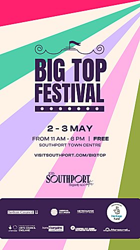 A web asset for Big Top festival which is written in large purple text in the middle. There are pink, green, purple and cream stripes coming from the top right corner.